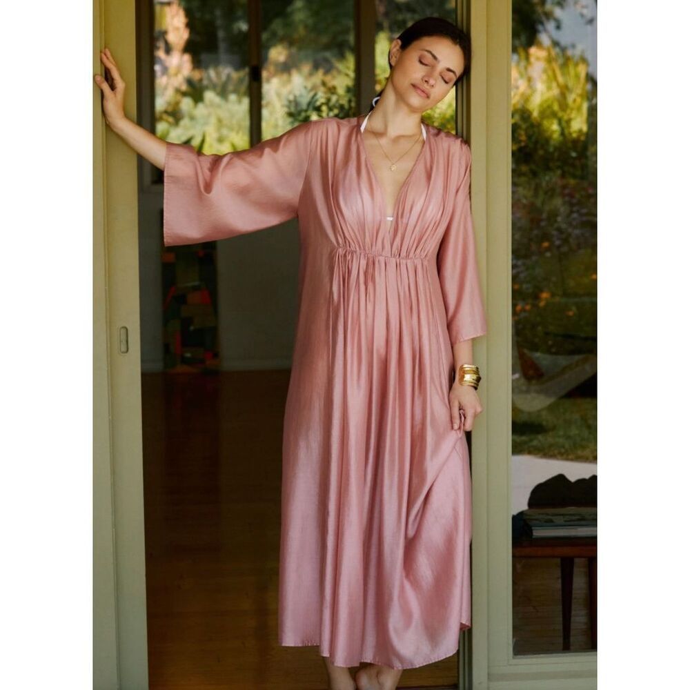 NWT Anthropologie Deep-V Cinched-Waist Kaftan Dress One Size Pink $130.00